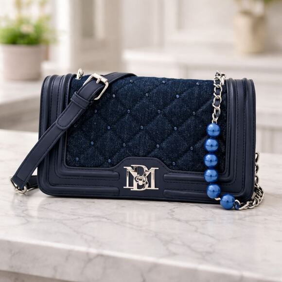 Badgley Mischka Handbags - Badgley Mischka Quilted Denim Diamond Crossbody w/ Pearls - NWT - $159 Retail